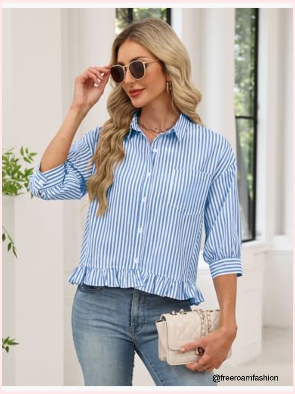 Womens 3/4 Sleeve Button Down Ruffle Babydoll Blouse Loose Fit Striped - Picture 6 of 7